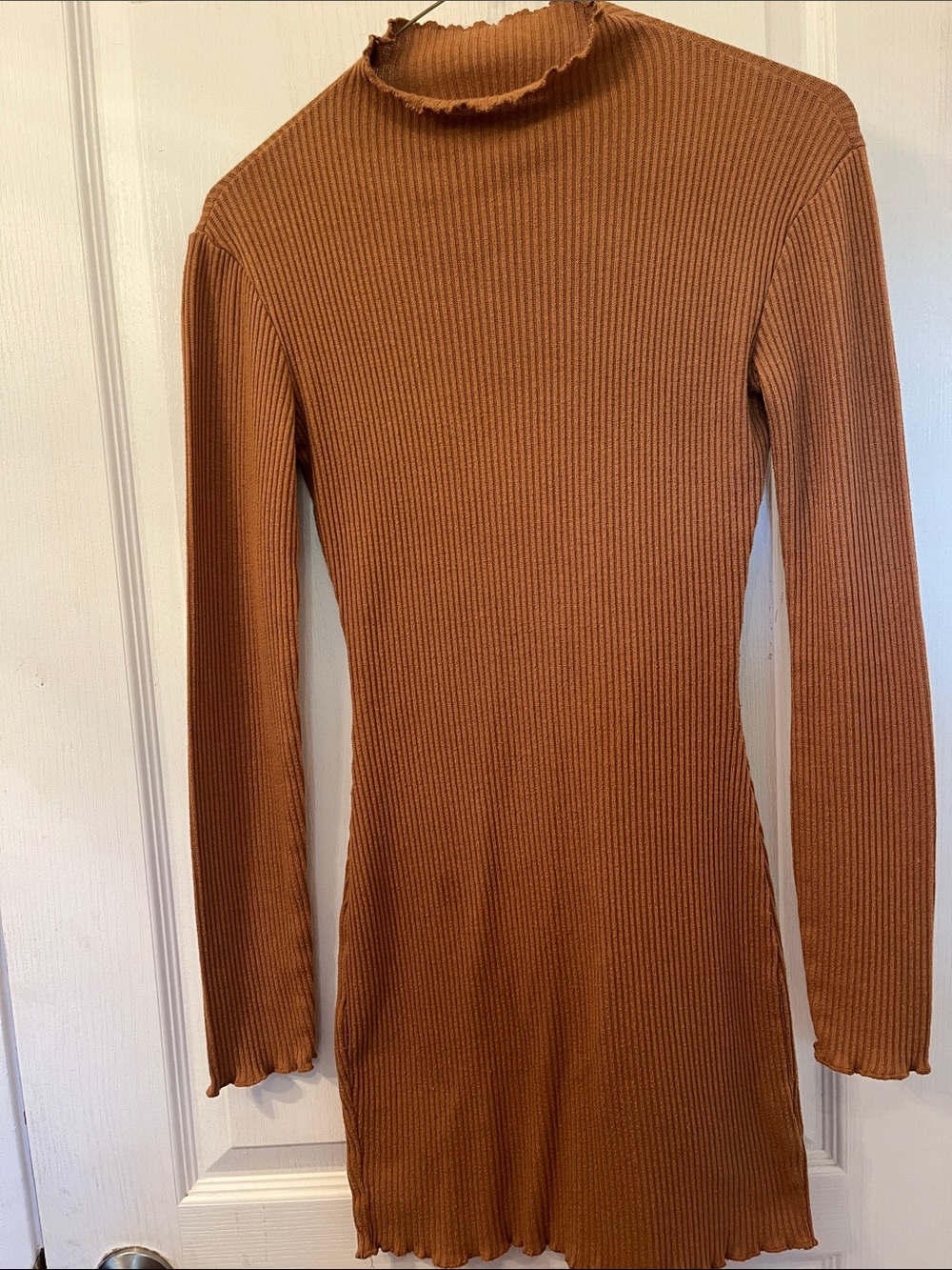 Revamped Ribbed Long-Sleeve Mini Dress in Camel Brown
